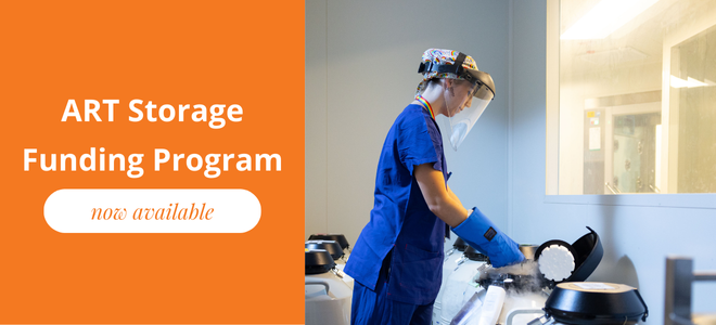 Embryologist at cyrostorage tanks. Text reads "ART Storage Funding Program now available"